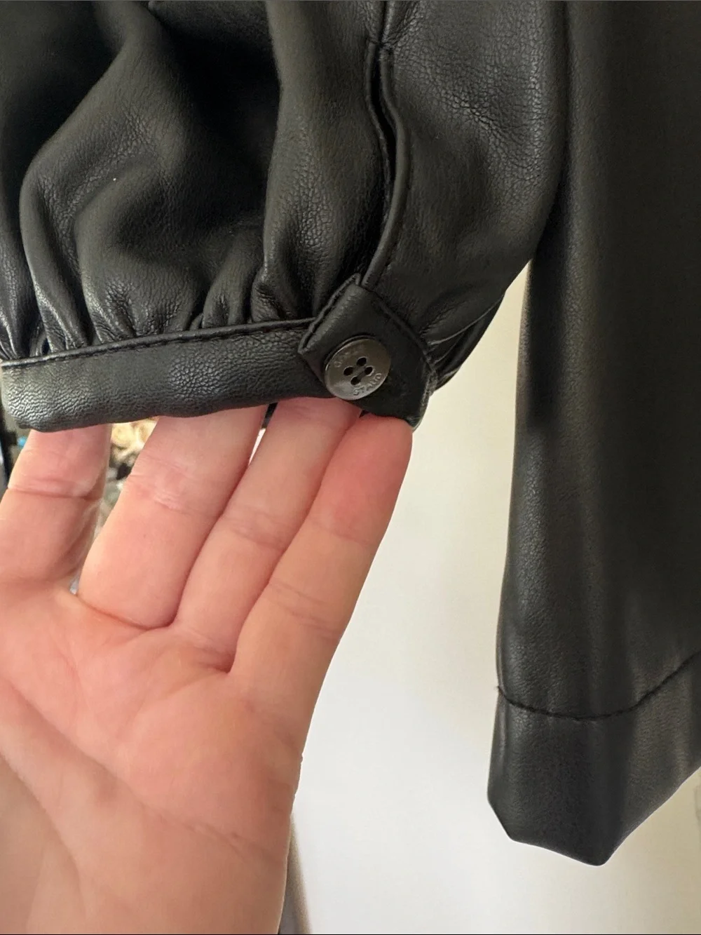 STAUD Black Faux Leather Puff-Sleeve Button Front Blouse